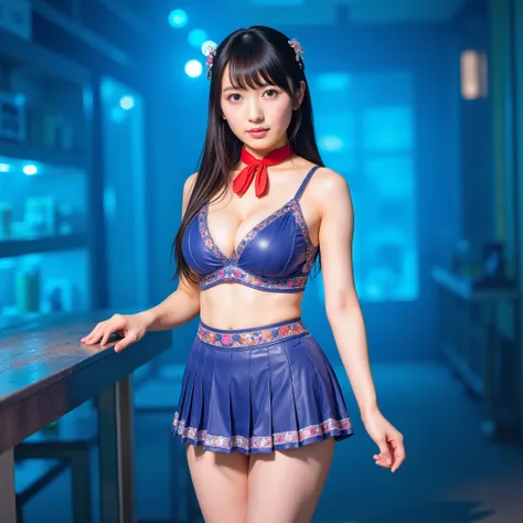 Super Detailed, masterpiece, Ultra High Definition,, high quality,  Clarity of Photos , (Latex Blue Purple Pink Orange Red Rubber Costume), (Sailor Suit Combining Costume:1.10), (very tight and designed to accentuate the bust:1.5), mini pleated skirt, red ...