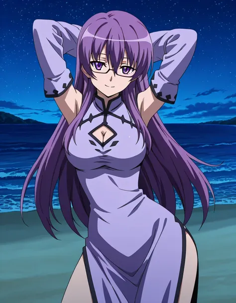 sheele, long hair, purple eyes, purple hair, glasses, mature female, medium breasts, anime screencap, dress, cleavage, detached sleeves, clothing cutout, chinese clothes, cleavage cutout, china dress, high quality, solo, night sky, beach, arms behind head,...