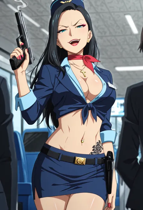 masterpiece, best quality, amazing quality, depth of field, blurry foreground, girl, legs crossed,  long hair, black hair, forehead, teal eyes, stewardess, blue shirt, blue skirt, travel attendant, red neckerchief, solo, upset, airport, nail polish , , mak...