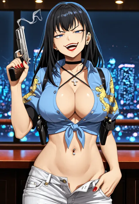 masterpiece, best quality, amazing quality, depth of field,  long hair, black hair, dark blue eyes, blue shirt, short sleeves, white pants, red lipstick, evil smile, angry eyes, path through the village, small japanese village, solo,nail polish , , makeup ...