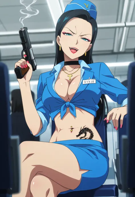 masterpiece, best quality, amazing quality, depth of field, blurry foreground, girl, legs crossed,  long hair, black hair, forehead, teal eyes, stewardess, blue shirt, blue skirt, travel attendant, red neckerchief, solo, upset, airport, nail polish , , mak...