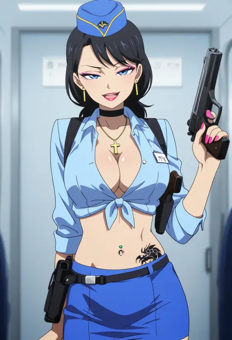 masterpiece, best quality, amazing quality, girl, depth of field, , short hair, black hair, blue eyes, loop earrings, stewardess, blue shirt, blue skirt, travel attendant, red neckerchief, travel attendant hat, solo, seductive smile,nail polish , , makeup...