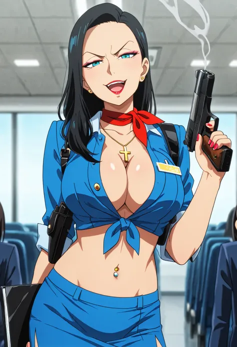 masterpiece, best quality, amazing quality, depth of field, , girl,   long hair, black hair, forehead, teal eyes, stewardess, blue shirt, blue skirt, travel attendant, red neckerchief, solo, upset, airport, nail polish , , makeup , ear piercing , long hair...