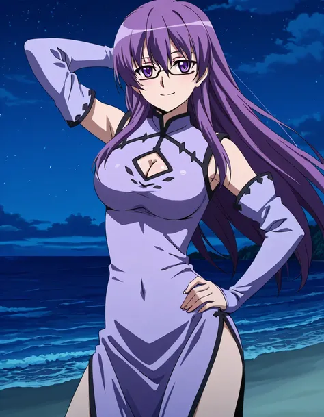 sheele, long hair, purple eyes, purple hair, glasses, mature female, medium breasts, anime screencap, dress, cleavage, detached sleeves, clothing cutout, chinese clothes, cleavage cutout, china dress, high quality, solo, night sky, beach, hand behind head,...