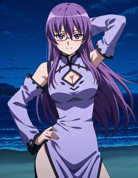 sheele, long hair, purple eyes, purple hair, glasses, mature female, medium breasts, anime screencap, dress, cleavage, detached sleeves, clothing cutout, chinese clothes, cleavage cutout, china dress, high quality, solo, night sky, beach, hand behind head,...