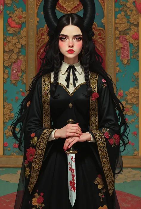 woman princess holding a bloody knife, palace of king, traitor princess, realistic photo