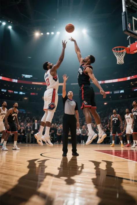 A photorealistic basketball scene at the start of a game. Two tall centers from opposing teams leap high into the air as the referee tosses the ball upward for the jump ball. The stadium lights shine brightly, illuminating the court and casting dramatic shadows. The atmosphere is full of tension and excitement, with teammates and the crowd watching eagerly. Ultra-detailed textures, cinematic lighting, realistic skin tones, 8k resolution, film-like sports photography.
