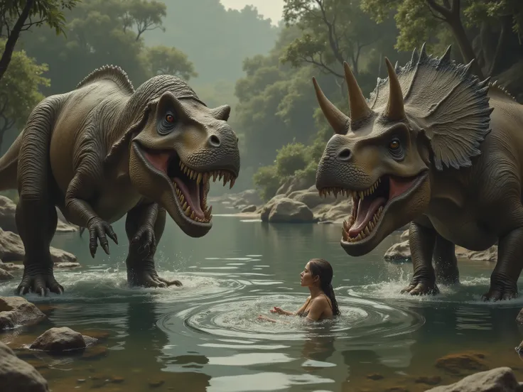 In prehistoric times, A Tyrannosaurus Rex and triceratops are fighting in a watering hole. A nearby young cave woman in the water looks scared. Ultra-realistic, photo-realistic, cinematography, UHD, high-res, best quality, cinematic photography, icon sty...