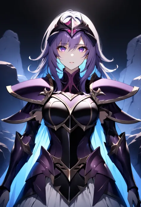 (high-quality, breathtaking),(expressive eyes, perfect face) Symmetrical Eyes, 1girl, female, solo, looking at viewer, black background, soft eerie blue lighting background, rock terrain background, Dark Purple Armor, trim, full plate armor, half body shot...