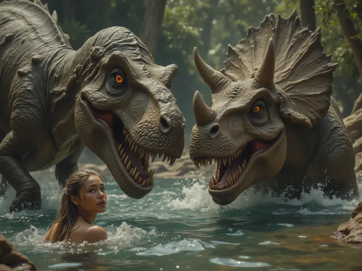 In prehistoric times, A Tyrannosaurus Rex and triceratops are fighting in a watering hole. A nearby young cave woman in the water looks scared. Ultra-realistic, photo-realistic, cinematography, UHD, high-res, best quality, cinematic photography, icon sty...