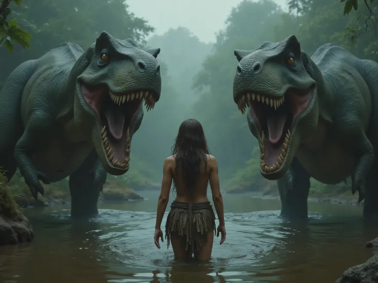 Ultra-realistic, photo-realistic, ultra-detailed, physically-based rendering, in a misty primordial forest, two towering Tyrannosaurus rexes dominate the scene, with their massive mouths open wide, revealing long, sharp, menacing teeth, and a beautiful y...