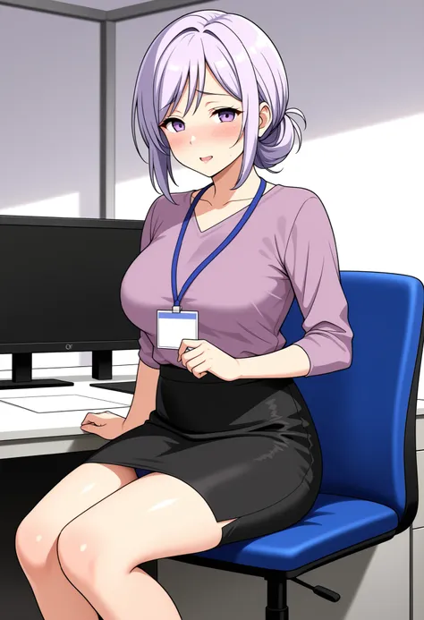Beautiful woman mature woman glamour light purple hair Sitting Legged I can see the dark blue panties office lady Pencil Skirt shy expression