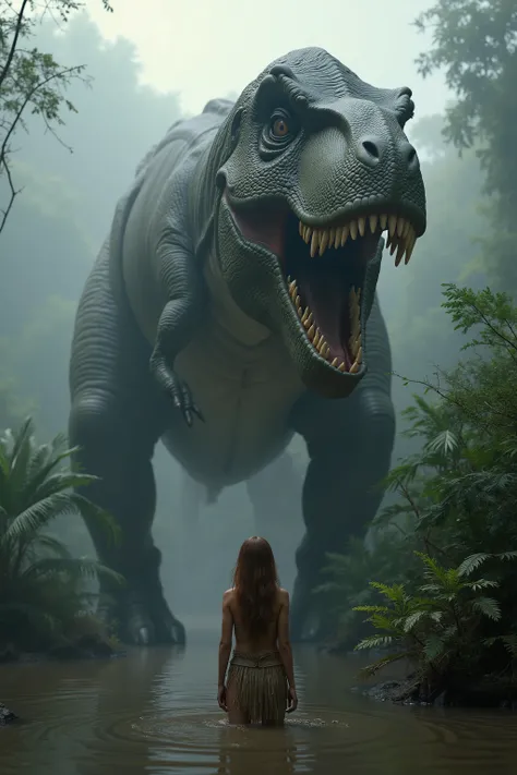 Ultra-realistic, photo-realistic, physically-based rendering, in a misty primordial forest, a towering Tyrannosaurus rex dominates the scene, its massive mouth open wide, revealing sharp, menacing teeth. The dinosaur's textured skin is a dark shade of gr...