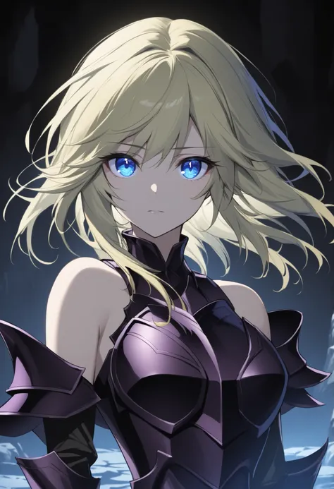 (high-quality, breathtaking),(expressive eyes, perfect face) Symmetrical Eyes, 1girl, female, solo, looking at viewer, black background, soft eerie blue lighting background, rock terrain background, Dark Purple Armor, trim, full plate armor, half body shot...