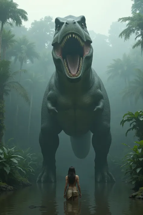 Ultra-realistic, photo-realistic, ultra-detailed, physically-based rendering, in a misty primordial forest, a towering Tyrannosaurus rex dominates the scene, its massive mouth open wide, revealing sharp, menacing teeth. The dinosaur's textured skin is a d...