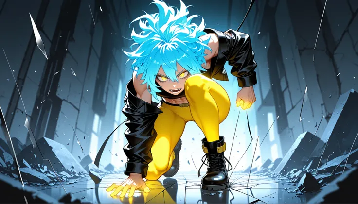 solo, half body, {((man)), my hero academia, ((mature:9)), otoko no ko, toned body, ((electric blue hair)), short messy hair, hair in face, hair between eyes,, light skin, ((yellow glowing eyes)), sharp fangs, dark shadows under eyes, confident expression,...