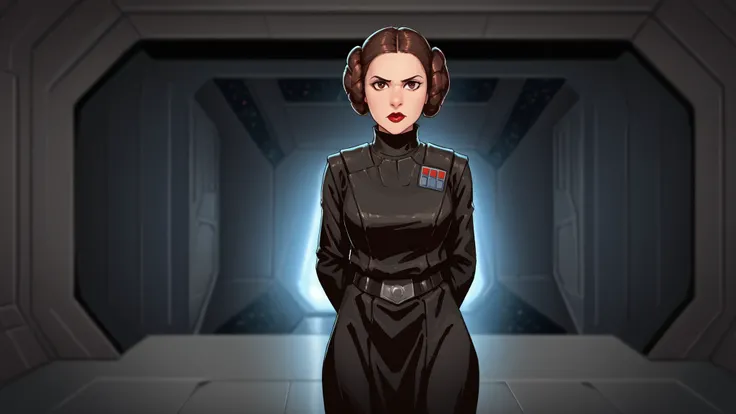 death star interior space station style,1woman, Imperial officer wearing a (black) uniform, masterpiece, best quality, princessleia, 1girl, solo, brown hair, hair buns, brown eyes, standing at attention, looking at viewer, depth of field, hands behind back...