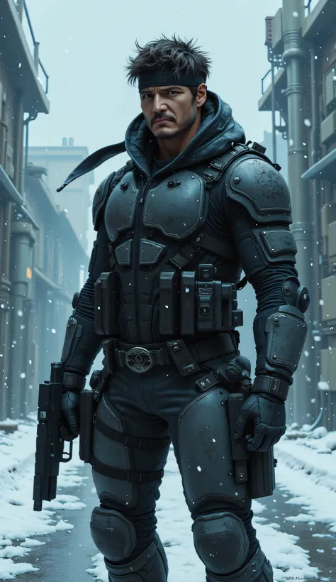 Pedro Pascal as Solid Snake, gritty, highly detailed, digital painting, futuristic special forces operative, standing, snowy industrial environment, rugged and stoic expression, spiky hair, black tactical headband flowing in the wind, wears a dark grey and...