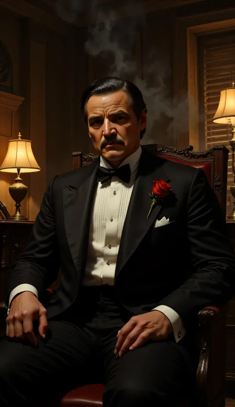 Pedro Pascal as Vito Corleone, The Godfather, highly detailed, cinematic, digital painting, sitting, dimly lit 1940s Italian-American office, wearing classic black tuxedo, bow tie, red rose pinned to his lapel, calm serious and authoritative expression, su...