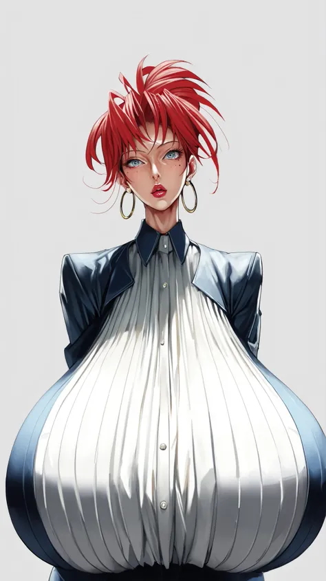 Upper body portrait, facing the viewer, frontal view, white background,simple background, Mature woman, Irish woman with freckles facing forward, white skin tone, high cheekbones, middle-parted hair, cut hair, red hair, mid-length hair, big lips, glossy pi...