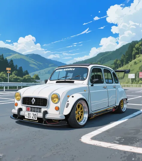 ( masterpiece :1.2, Highest Quality),( very detailed), anime style,8k,Wallpaper,( 1965 Renault 4:2.0), Fiat 500 tune-up,oil cooler,Widebody、wide rim wheels,beautiful blue sky ,(Japan:2 .0),(Gunma Prefecture:2.0),( dynamic :2.0),Aquina Pass Car Park,AKINA H...
