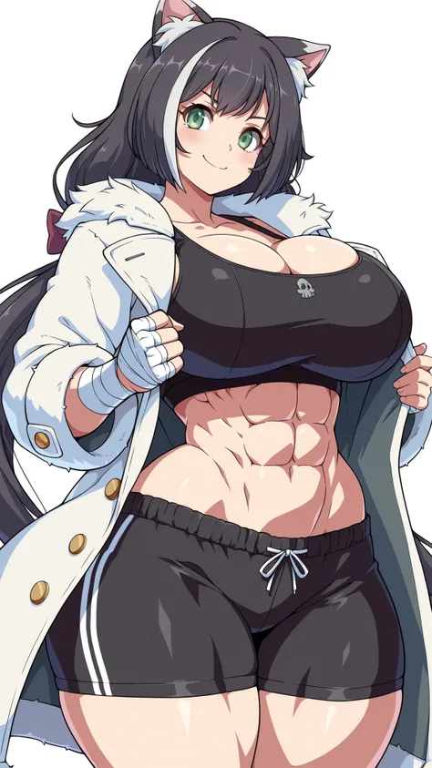 White background, source_anime, Princess Connect!, Karyl, solo, 1girl, curvy, voluptuous body, extremely huge breasts, wide hips, thick thighs, smile, black hair, green eyes, six pack abs, standing, white fur coat, black sports bra, black shorts, hand wrap...