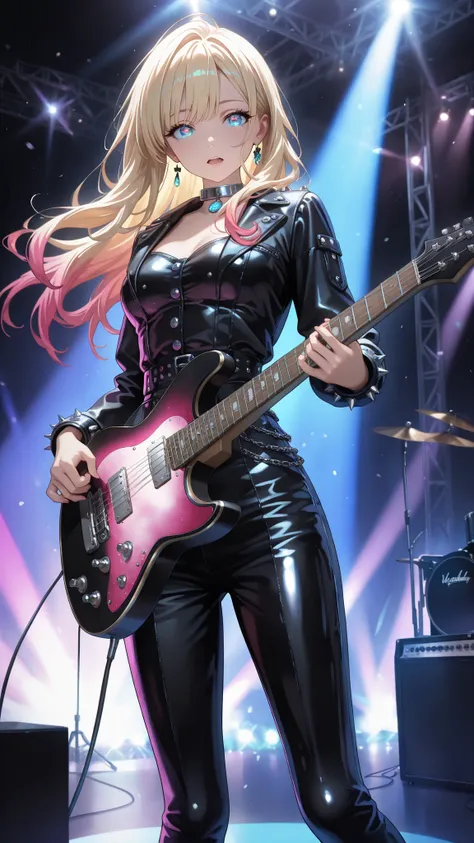medium breasts , very detailed depiction, perfect quality, High Quality, masterpiece, blonde hair, multicolored hair, long  hair,  blue eyes, , handsome woman , fashionista girl , punk woman, (full detailed black leather outfit , metal collar , choker , bo...