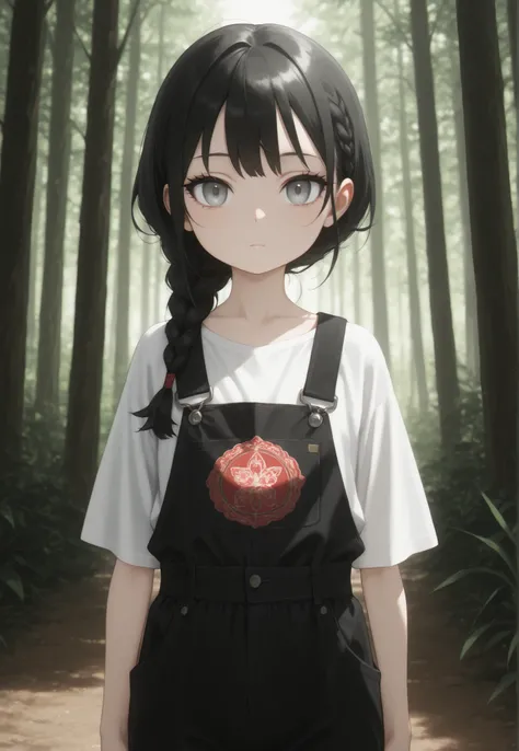 Masterpiece, Best Quality, Newest, Safe, Good Anatomy, Good Resolution, Good Lighting. Beautiful, Anime, Normal. Girl, Black Hair, Hairstyle, One Braid. Light Gray Eyes. Black Eyelashes, Fair Skin. Adorable, She is 8 Years Old, Height 1'28 cm. Looking at V...