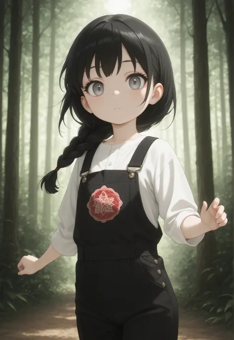 Masterpiece, Best Quality, Newest, Safe, Good Anatomy, Good Resolution, Good Lighting. Beautiful, Anime, Normal. Girl, Black Hair, Hairstyle, One Braid. Light Gray Eyes. Black Eyelashes, Fair Skin. Adorable, She is 8 Years Old, Height 1'28 cm. Looking at t...