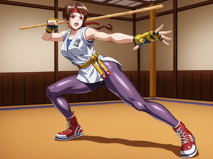 1girl, YRISKIKOF, brown hair, single braid, brown eyes, red headband, dougi, blue undershirt, yellow mma gloves, martial arts belt, purple spandex leggings, red shoes, holding a thick bamboo Kendo stick, action pose, alone, inside a dojo, in full view in a...