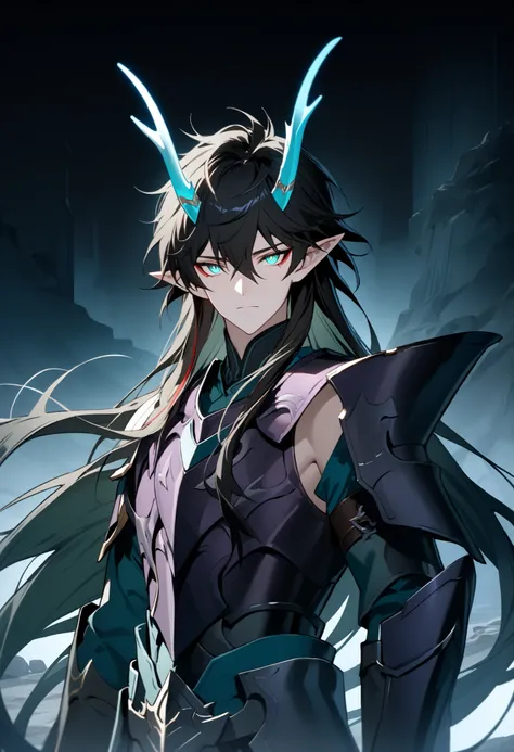 (high-quality, breathtaking),(expressive eyes, perfect face) Symmetrical Eyes, 1boy, male, solo, looking at viewer, black background, soft eerie blue lighting background, rock terrain background, Dark Purple Armor, trim, full plate armor, half body shot, s...