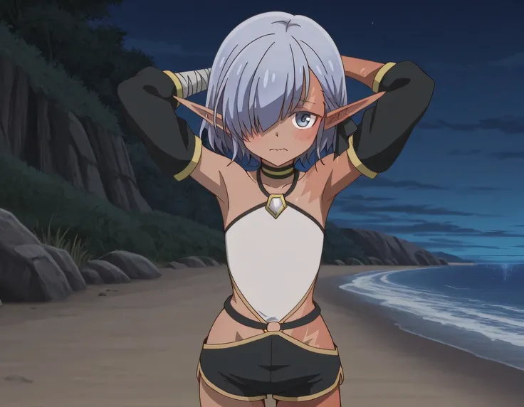 cariaerful,,dark elf, dark-skinned female, short hair,  blue hair, hair over one eye, blue eyes, pointy ears, bandaged arm, black choker, burn on face, burn on side, burnt arm, burnt leg, flat chest, white top,  halterneck, bare shoulders,  detached sleeve...