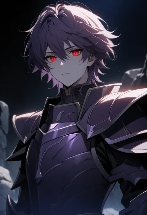 (high-quality, breathtaking),(expressive eyes, perfect face) Symmetrical Eyes, 1boy, male, solo, looking at viewer, black background, soft eerie blue lighting background, rock terrain background, Dark Purple Armor, trim, full plate armor, half body shot, s...