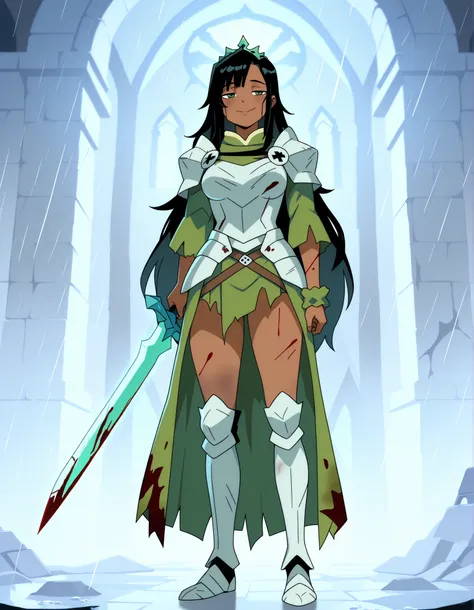 ((Highest Quality)), 1girl, Standing, solo, Full body, medium breast, thighs, smile, half-closed eyes, dark skin, Dark-skinned, Dark-skinned female, green eyes, black hair, very long hair, side bangs, single hair intake, wrist scrunchy, Green princess tiar...