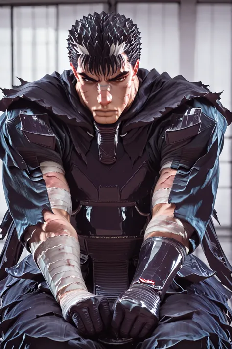 guts_Armor, brown eyes, short hair, , Spiky Hair, Black Armor, shoulder pads, gauntlet, Shin guards, bandaged arms, black cloak, torn cloak, Scars on the nose , Close one eye, Muscular Male,guts, , , Artistic features, Artistic perfection,The kimono at the...