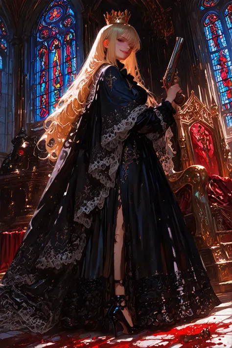 artist:moriimee,addmicrodetails,(Masterpiece), (highest Quality), (Ultra-Detailed), realistic anime, high resolution, A girl standing, gothic dress, black lace cloak, holding a Flintlock-pistol in her right-hand, holding a bloody-crown on her left-hand, sm...