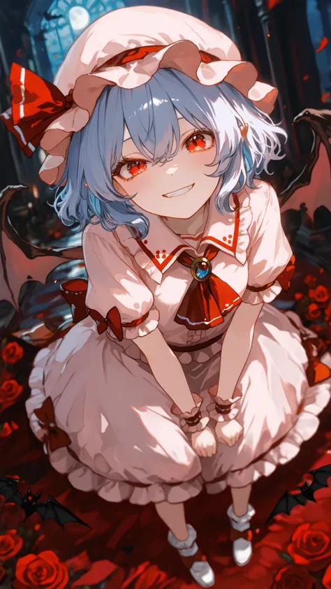 Remilia _scarlet_touhou red_eye, short_My hair, bat_wing, wing, ribbon, has, Blue_My hair, Pain_cap, My hair_between_eye, has_ribbon, Bang, smile, red_ribbon、full body、