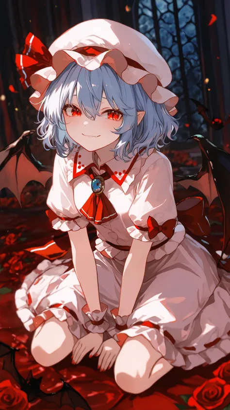 Remilia _scarlet_touhou red_eye, short_My hair, bat_wing, wing, ribbon, has, Blue_My hair, Pain_cap, My hair_between_eye, has_ribbon, Bang, smile, red_ribbon、full body、