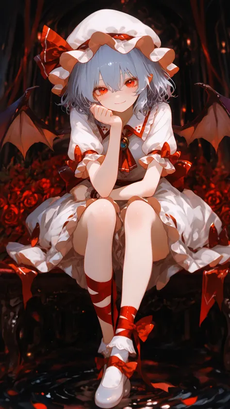 Remilia _scarlet_touhou red_eye, short_My hair, bat_wing, wing, ribbon, has, Blue_My hair, Pain_cap, My hair_between_eye, has_ribbon, Bang, smile, red_ribbon、full body、