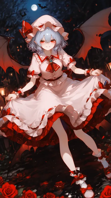 Remilia _scarlet_touhou red_eye, short_My hair, bat_wing, wing, ribbon, has, Blue_My hair, Pain_cap, My hair_between_eye, has_ribbon, Bang, smile, red_ribbon、full body、