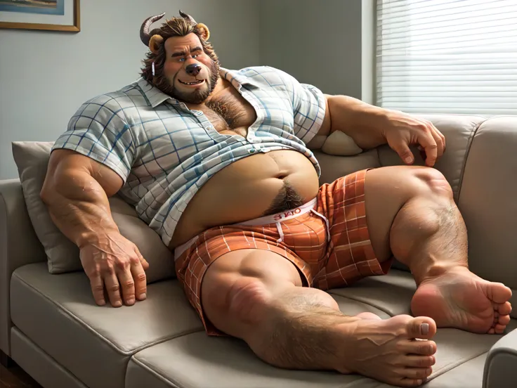Anthro furry bear eyes,   ,    5 fingers, Human being, Armpit hair, Barazoku,  thick beard,    thick, estómago hairy, big stomach , blue eyes, body hair,( short boxer pattern :1.5) breast hair, white flannel, Clothes,  thick eyebrows, facial hair, ,hairy, ...