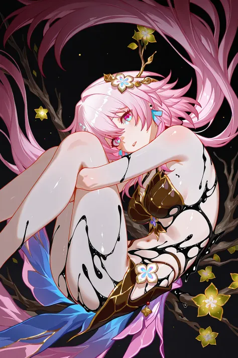 ((detailing1.5)), 1girl, black background, black liquid, branch, breasts, fetal position, flower, hair flower, hair ornament, long hair, looking at viewer, parted lips, pink hair, red eyes, solo, stomach, very long hair, evernight, ((((honkai star rail)))), march 7th. An anime-style character with long, flowing pink hair and piercing red eyes looks intently forward, a subtle blush adorning her pale cheeks. She is depicted in a crouching pose with her knees drawn up, her arms crossed over her chest while black, viscous liquid forms a tattered top and drips down her skin. Dark, gnarled branches are faintly visible in the somber background along with scattered vibrant red, leaf-like shapes, contributing to a mysterious and melancholic atmosphere.