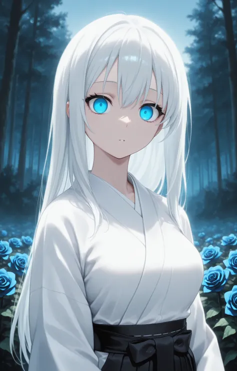 Masterpiece, Best Quality, Newest, Safe, Good Anatomy, Good Resolution, Good Lighting. Beautiful, Anime, Normal. Long White Hair. Sky Blue Eyes, Empty Stare. Black Eyelashes, Light Skin, Slim Build, Medium Breasts Size C. She is 23 years old, 1'66 cm tall....