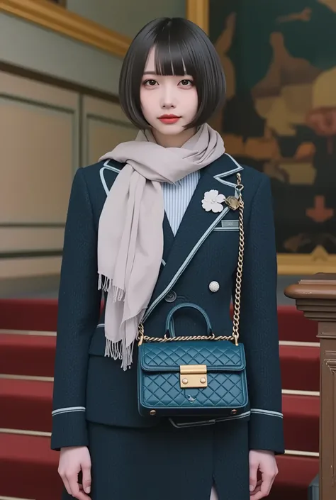 Realistic and detailed depiction, masterpiece, realistic facial expression, 4K, ultra high resolution, high resolution, professional level, vibrant color, Cinematic lighting, "Ano cyan", nanami, young woman, Tweed crop jacket, pearl button detail, quilted...