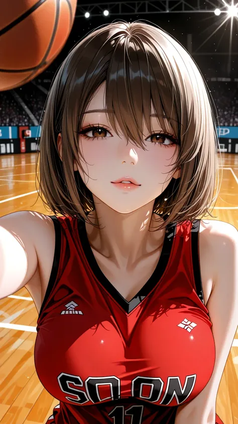 beautiful illustration, Haruna, haruna, Haruna, (masterpiece, detail:1.2), maorix, front view,  score_9, score_8_up, score_7_up, score_6_up, score_5_up,  close-up:1.21, Perfect configuration, super quality, 8k, super quality, beautiful Japanese woman, On the court, careful bright dark brown eyes, high resolution, big boobs, Upper body angle,  anatomically correct ratio :1.331,  Tiny Head :1.331,  Complex and beautiful eyes like a camera lens,light brown hair, Bob Cut Hair,  Red basketball uniform, long bangs:1.331, detailed skin, detailed face, careful bright dark brown eyes, Dynamic Poses, The viewer looks up at her,  On the basketball court in the arena, 
