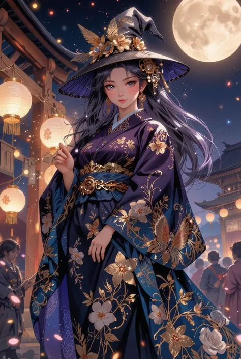 masterpiece, Super Detailed, 8k, Highest Quality, beautiful witch in a dark purple floral yukata with golden fireflies, Intricate Traditional Design Flowing Bathrobe Fabric, magic symbol on the blue obi in the night sky, Long Black Hair with Magical Flowin...