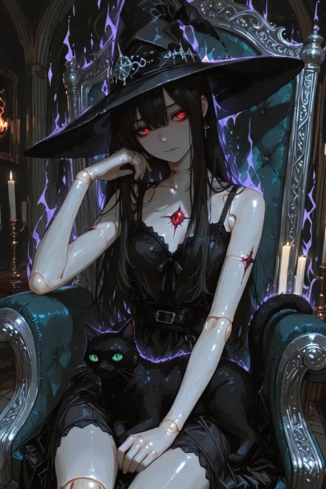 A gothic fantasy illustration . in the center of a dimly lit hall , a beautiful (Ball Joint Doll ) The witch sat on a huge , An ornate throne adorned with obsidian and silver . She wore a simple witch hat , staring blankly ahead , Glassy Eyes. On her...