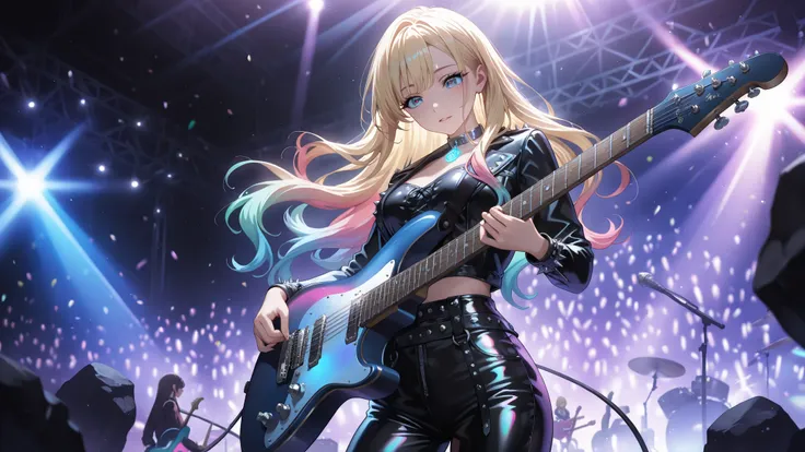 medium breasts , very detailed depiction, perfect quality, High Quality, masterpiece, blonde hair, multicolored hair, long  hair,  blue eyes, , handsome woman , fashionista girl , punk woman, (full detailed black leather outfit , metal collar , choker , bo...