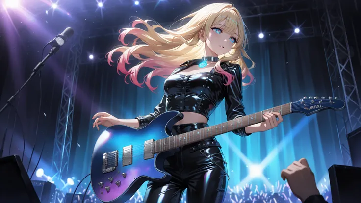 medium breasts , very detailed depiction, perfect quality, High Quality, masterpiece, blonde hair, multicolored hair, long  hair,  blue eyes, , handsome woman , fashionista girl , punk woman, (full detailed black leather outfit , metal collar , choker , bo...