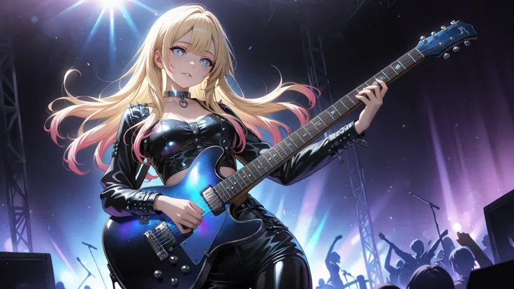 medium breasts , very detailed depiction, perfect quality, High Quality, masterpiece, blonde hair, multicolored hair, long  hair,  blue eyes, , handsome woman , fashionista girl , punk woman, (full detailed black leather outfit , metal collar , choker , bo...